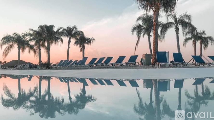 A row of palm trees and lounge chairs are reflected in a calm body of water.