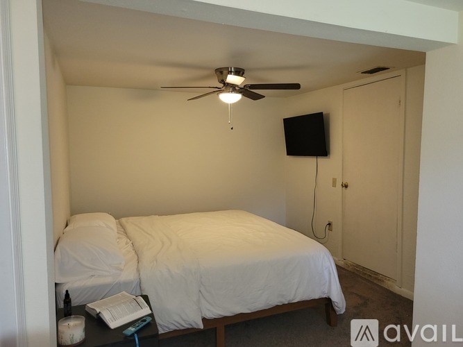 A bedroom with a bed, a ceiling fan, and a television.