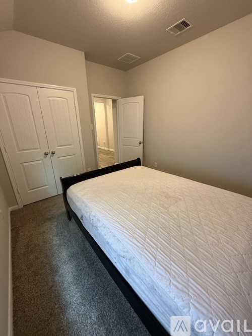 A bedroom with a bed, two doors, and a carpeted floor.