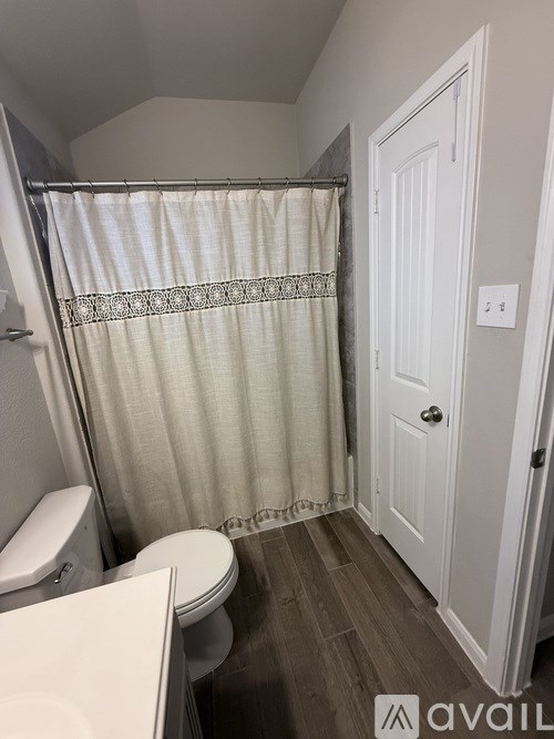 A bathroom with a toilet, sink, and shower curtain.