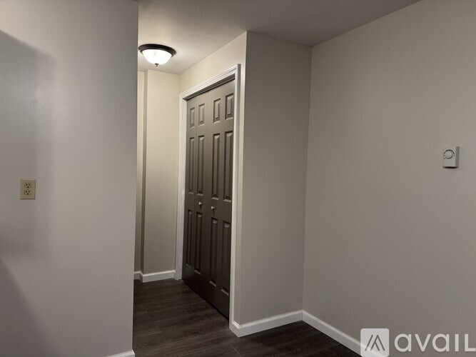 A room with a closed door and a light on the ceiling.