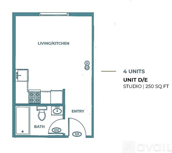 A floor plan for a studio apartment with a living/kitchen area, bathroom, and entry.