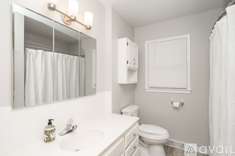 A bathroom with a toilet, sink, and mirror.
