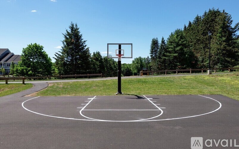 A basketball court with a hoop and a backboard.