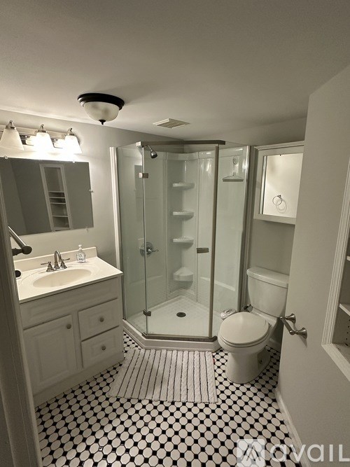 A bathroom with a sink, toilet, and shower.