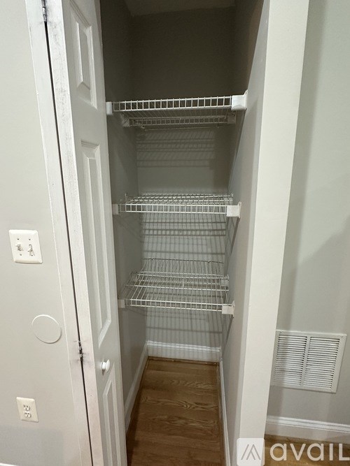 Empty white pantry with shelves and a door.