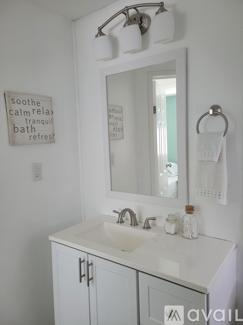 A bathroom with a white sink and a mirror above it.