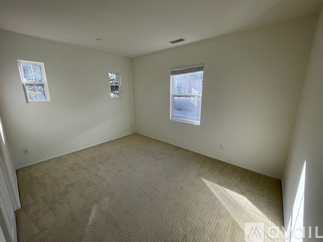A room with two windows and carpeted floor.