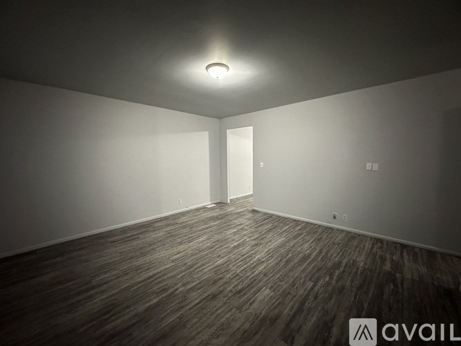 A room with wooden flooring and a single light on the ceiling.