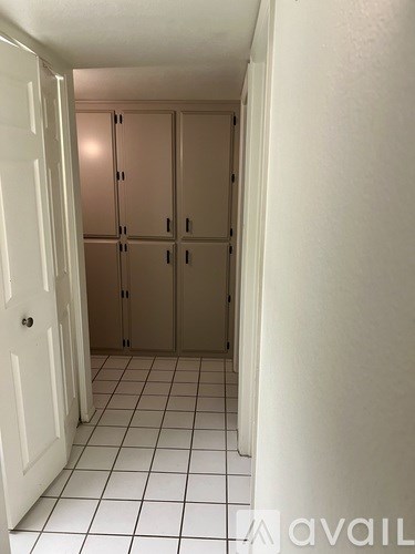 A hallway with a door on the left and a set of cupboards on the right.