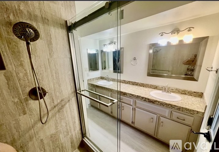 A bathroom with a walk-in shower and a vanity with a mirror.