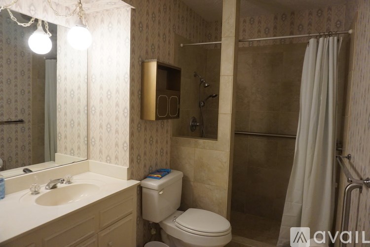 A bathroom with a toilet, sink, and shower.