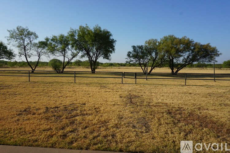 A field with trees and a fence.