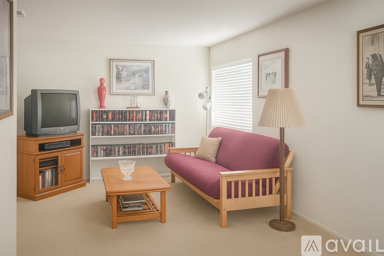 A living room with a couch, television, and bookshelf.