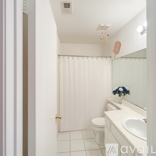 A white bathroom with a toilet, sink, and shower curtain.