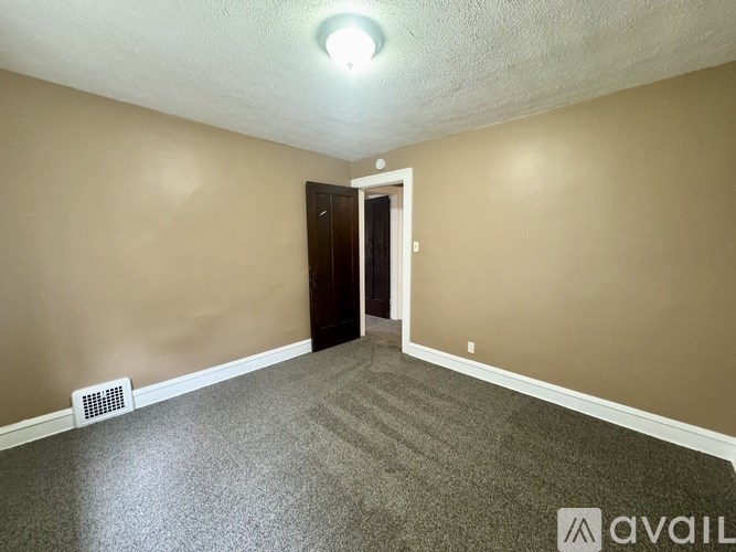 A room with a carpeted floor, a ceiling light, and a door.