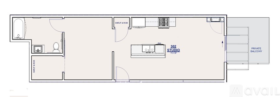 A floor plan of a studio apartment with a bedroom, living room, kitchen, and bathroom.
