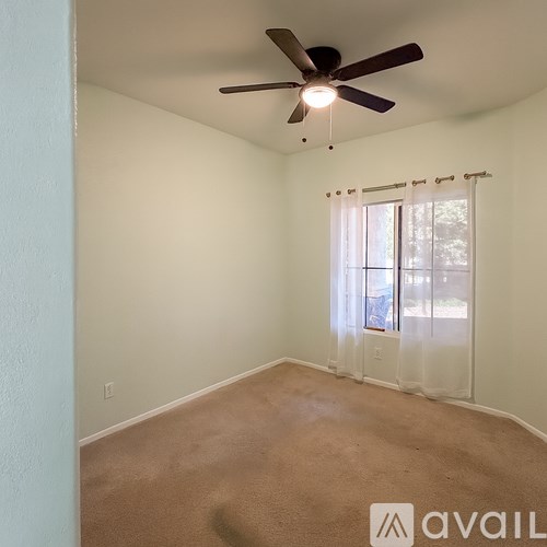 A room with a ceiling fan and carpeted floor.