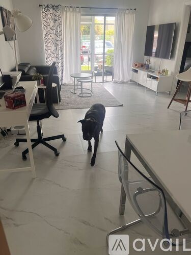 A black dog is walking through a white-floored living room.