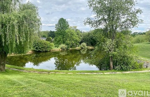 A serene landscape with a pond, trees, and a grassy field.