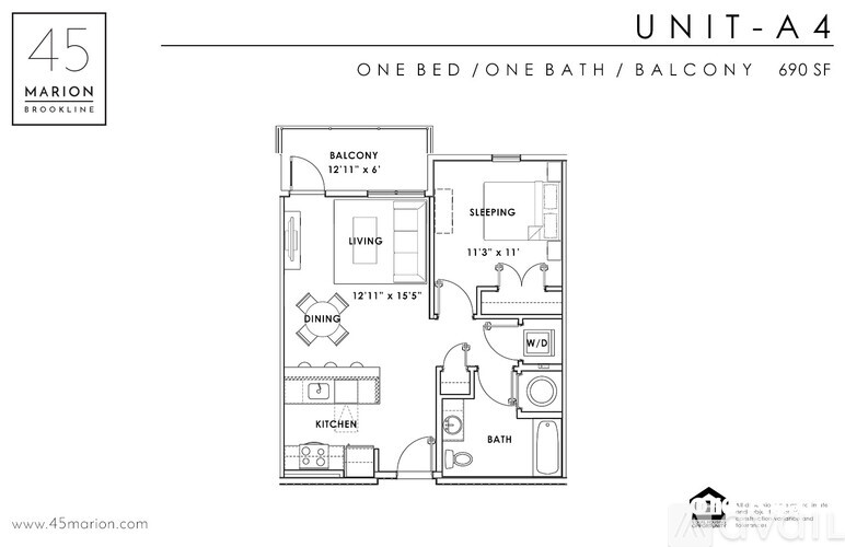 A floor plan for a one bedroom apartment in the Marion Brookline building.