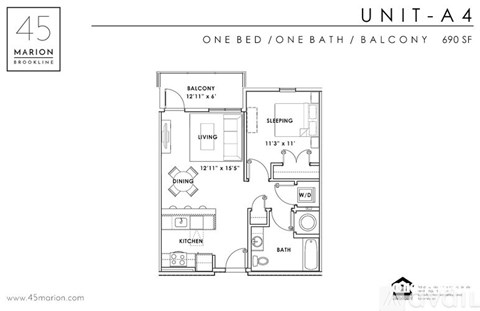 A floor plan for a one bedroom apartment in the Marion Brookline building.