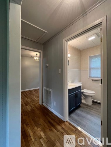 A bathroom with a toilet, sink, and wooden floors.