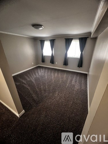 A room with a carpeted floor and two windows with curtains.