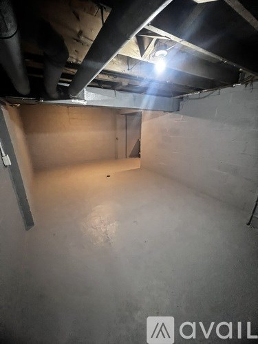 A dark, unfinished basement with a light source from above.