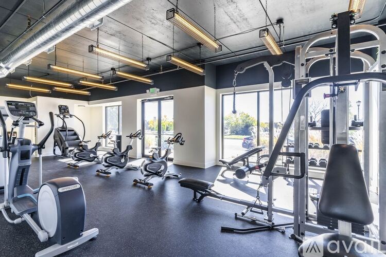 A gym with a variety of exercise equipment including treadmills, stationary bikes, and weight machines.