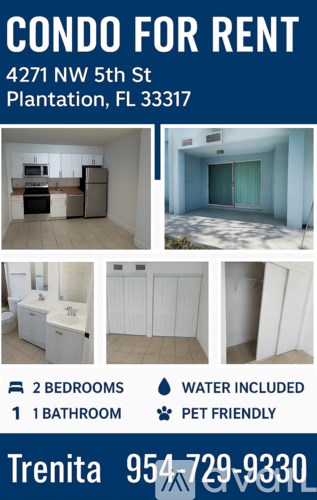A condo for rent in Plantation, FL is available with two bedrooms, one bathroom, and water included.