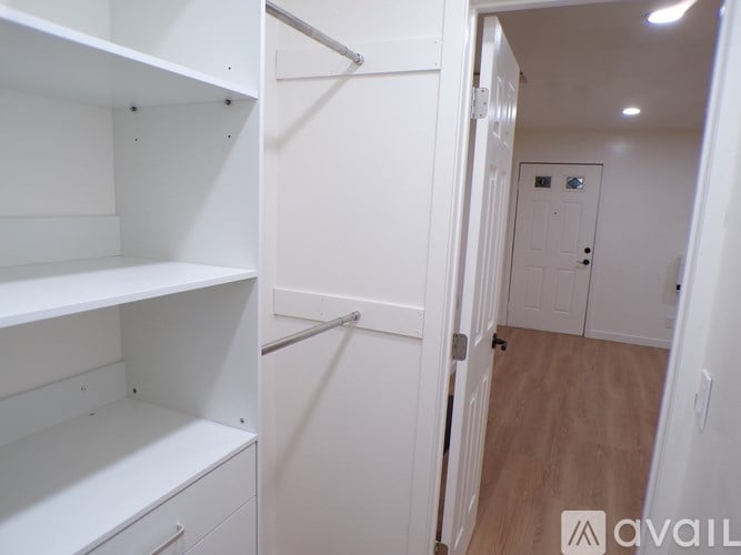 A white closet with shelves and a door to another room.