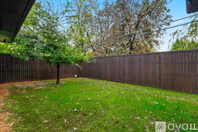 A backyard with a wooden fence and a tree.