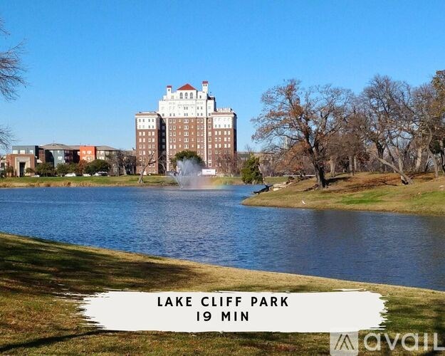 A fountain in the middle of a lake at Lake Cliff Park.