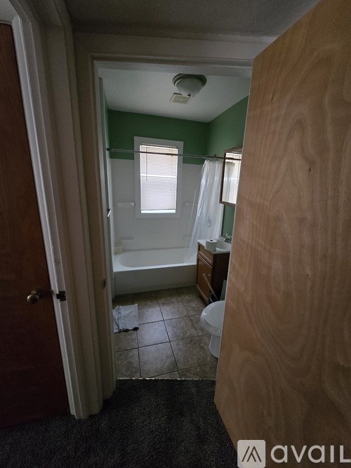 A bathroom with green walls and a white bathtub.