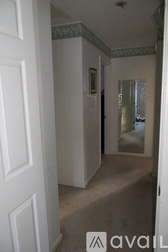 A hallway with a door on the left and a mirror on the right.