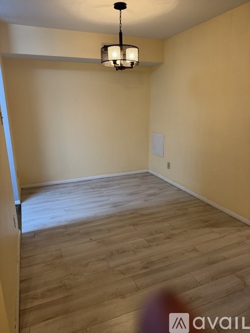 A room with wooden flooring and a light fixture.