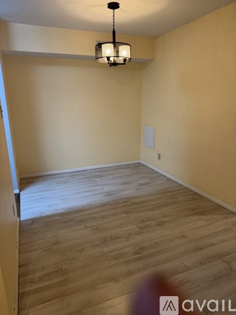 A room with wooden flooring and a light fixture.