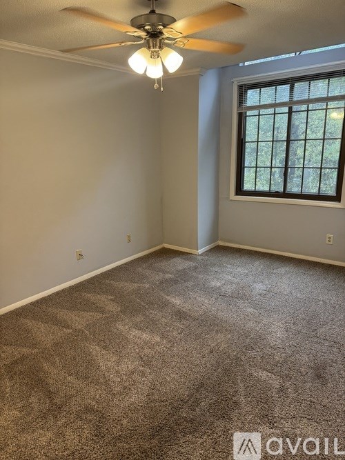 A room with a ceiling fan and carpeted floor.