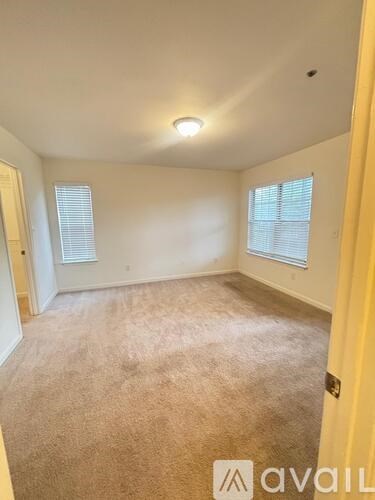 A room with beige carpet and a yellow door.