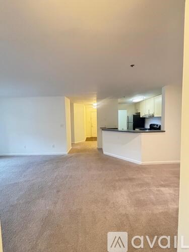 A spacious room with a kitchenette and a carpeted floor.