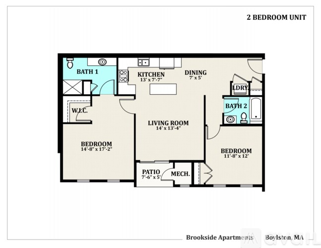 A floor plan of a 2 bedroom apartment with a living room, kitchen, dining room, and bathrooms.