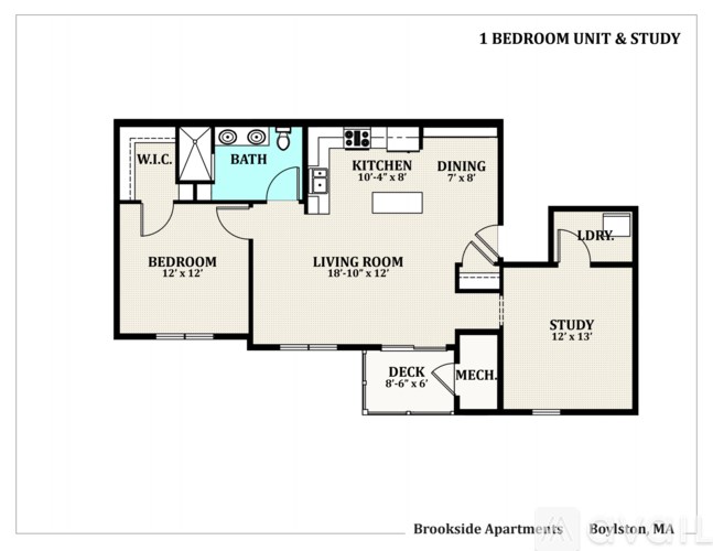 A floor plan of a 1 bedroom unit and study apartment.