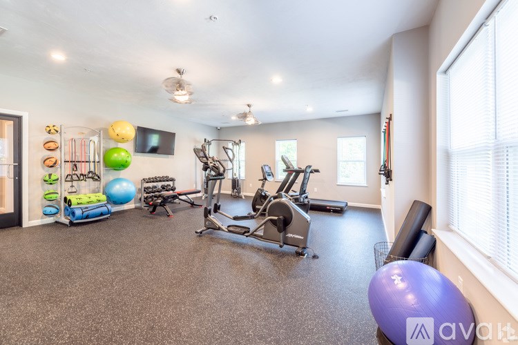 A spacious home gym with a variety of exercise equipment and fitness balls.