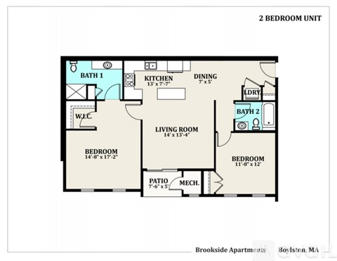 A floor plan of a 2 bedroom apartment with a living room, kitchen, dining room, and bathrooms.