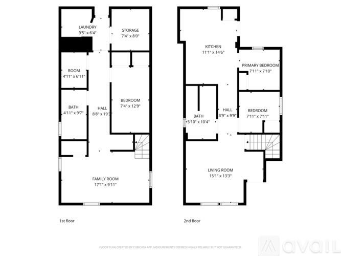 Floor plan for a two story home with dimensions for each room.