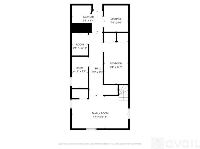 A floor plan for a home with a family room, bedroom, bath, and storage space.