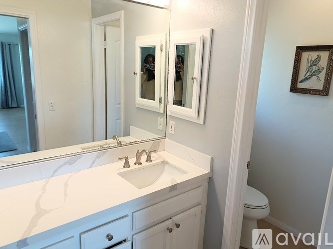 A bathroom with a white sink and a large mirror.
