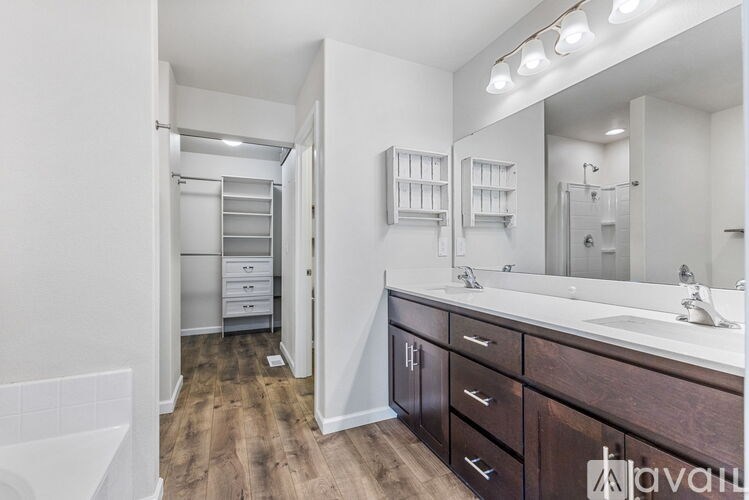 A bathroom with a vanity, mirror, and walk-in shower.