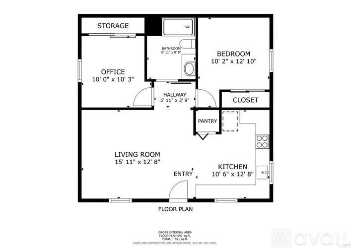 A floor plan of a home with a living room, kitchen, bedroom, and office.